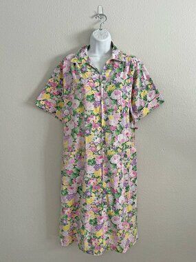 90s House Dress Nightgown Collared Front Zip Vintage Floral Retro Granada Size L